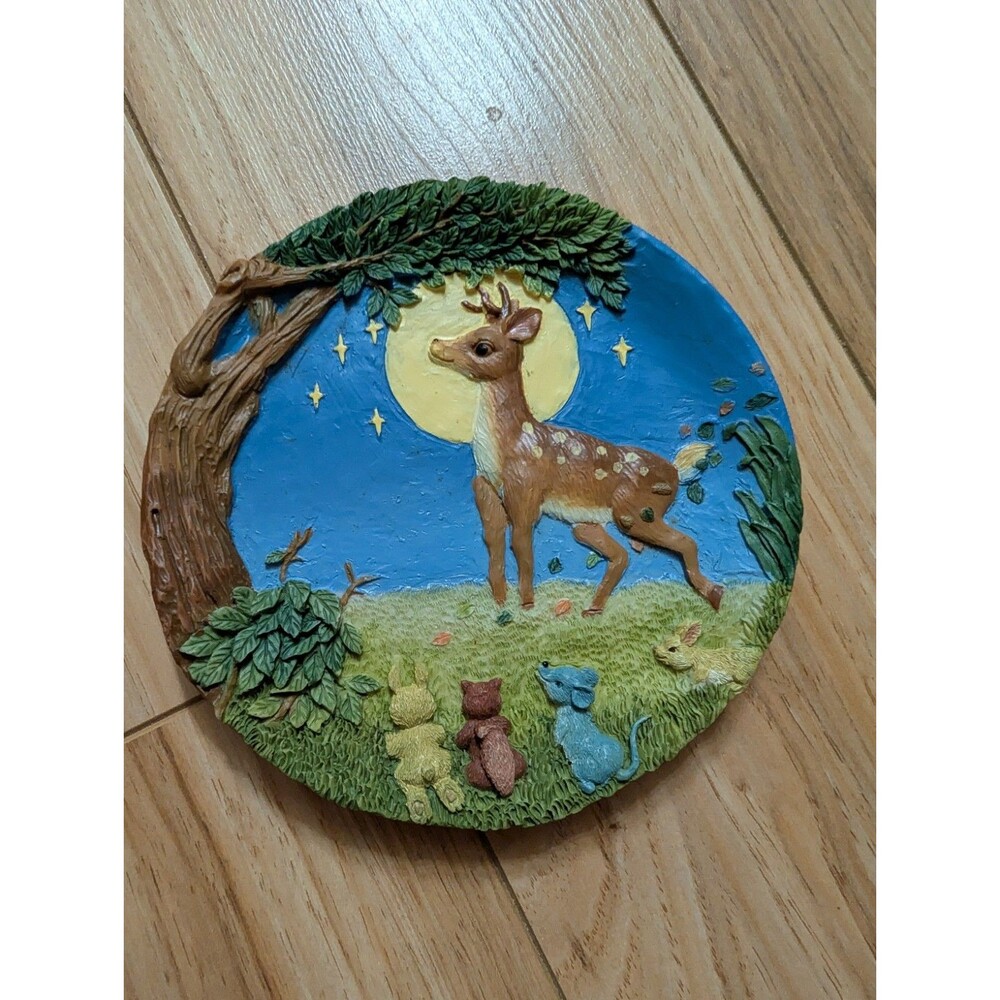 Vintage 1997 Popular Imports 3D Deer Moon Woodland Animals Plate Wall Hanging